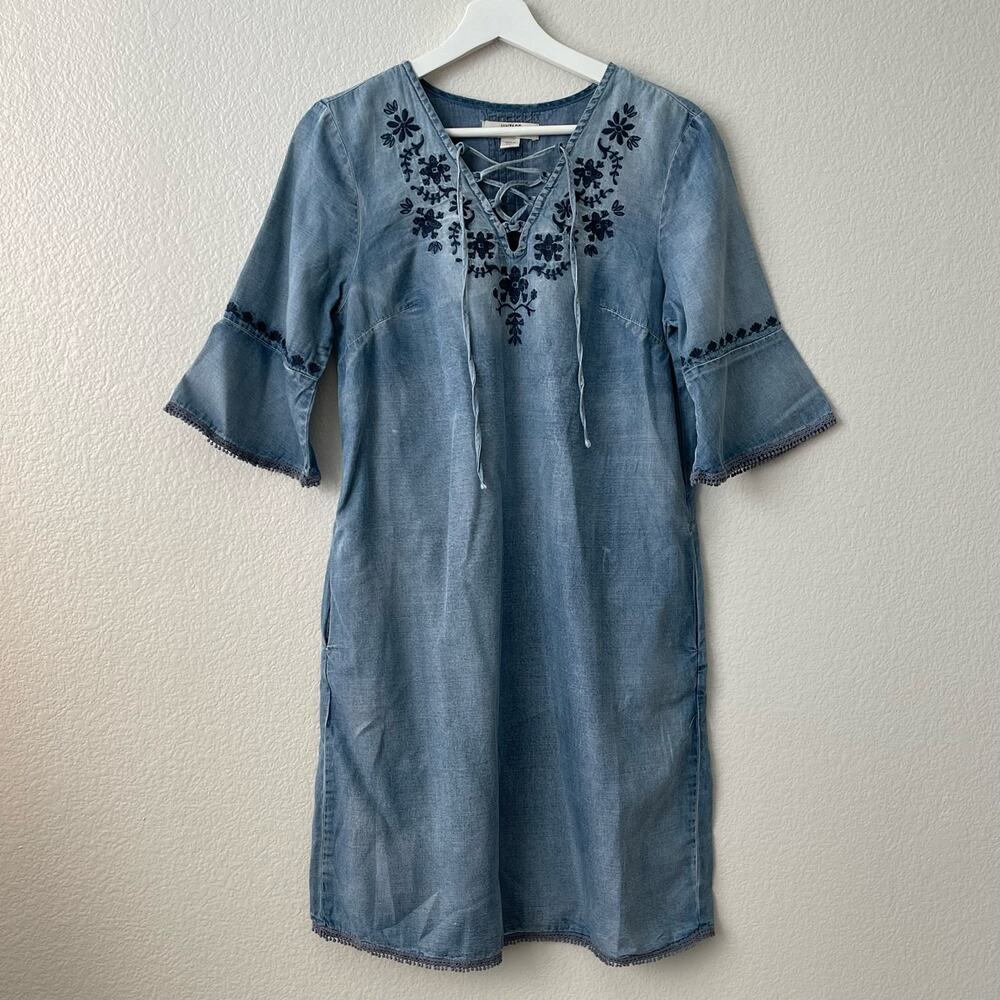 Vintage America Womens Blue Midi Tunic Dress Chambray Embroidered Size Small